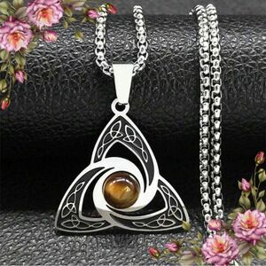 Viking Trinity Knot Necklace Stainless Steel Tiger Eye Witch Irish Celtic